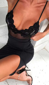 LACE V NECK SPLIT BODYCON MIDI DRESS IN BLACK DRESS STYLE OF CB 
