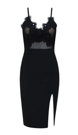 LACE V NECK SPLIT BODYCON MIDI DRESS IN BLACK DRESS STYLE OF CB 