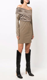 LONG SLEEVE FOLDS BANDAGE MINI DRESS IN KHAKI Dresses styleofcb 