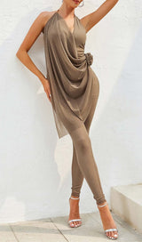 MESH PLUNGE JUMPSUIT IN BROWN DRESS STYLE OF CB 