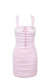 Mesh panelling satin halterneck dress. ohmogo S PINK 