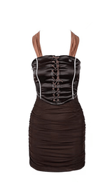 Mesh panelling satin halterneck dress. ohmogo S BLACK 