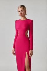 LONG SLEEVE OPEN BACK SLIT DRESS IN ROSE RED Bandage Dresses styleofcb 