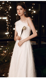 PLAIN CLOTH FEATHER ONE SHOULDER MAXI DRESS IN WHITE styleofcb 