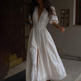 BUTTON-FRONT PUFFED SLEEVES MAXI DRESS IN WHITE DRESS STYLE OF CB 