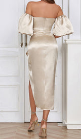 OFF SHOULDER RUCHED ASYMMETRICAL MIDI DRESS IN GRAY DRESS STYLE OF CB 