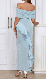 OFF SHOULDER RUFFLED MAXI DRESS IN TINGED BLUE DRESS STYLE OF CB 