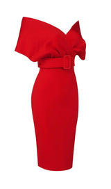 OFF SHOULDER V NECK BODYCON MIDI DRESS IN RED Dresses styleofcb 