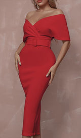 OFF SHOULDER V NECK BODYCON MIDI DRESS IN RED Dresses styleofcb 