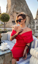 OFF SHOULDER V NECK BODYCON MIDI DRESS IN RED Dresses styleofcb 