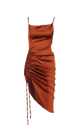 OLIVE GREEN SLIT PLEATED SLING MIDI DRESS ohmogo 