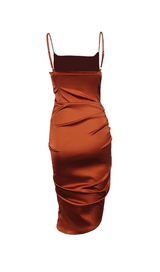 OLIVE GREEN SLIT PLEATED SLING MIDI DRESS ohmogo 