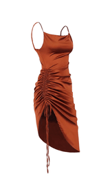 OLIVE GREEN SLIT PLEATED SLING MIDI DRESS ohmogo 