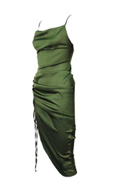 OLIVE GREEN SLIT PLEATED SLING MIDI DRESS ohmogo 