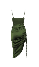 OLIVE GREEN SLIT PLEATED SLING MIDI DRESS ohmogo 