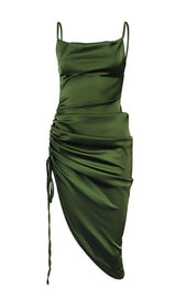 OLIVE GREEN SLIT PLEATED SLING MIDI DRESS ohmogo 
