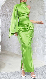 ONE-SHOULDER SATIN RUFFLE MAXI DRESS IN NEON GREEN DRESS STYLE OF CB 