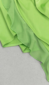 ONE-SHOULDER SATIN RUFFLE MAXI DRESS IN NEON GREEN DRESS STYLE OF CB 