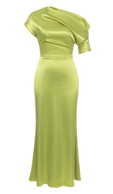 ONE SHOULDER SATIN SLIT MAXI DRESS IN GREEN DRESS STYLE OF CB 