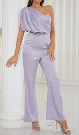 ONE SHOULDER SATIN JUMPSUIT IN LAVENDER DRESS STYLE OF CB 