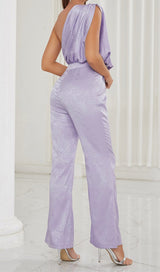 ONE SHOULDER SATIN JUMPSUIT IN LAVENDER DRESS STYLE OF CB 