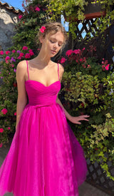 PLEATS SPAGHETTI STRAPS MIDI DRESS IN RED DRESS STYLE OF CB 