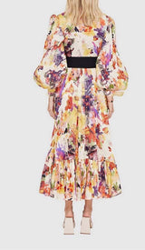 POISE PRINT SILK MIDI DRESS IN MULTI-COLOR DRESS STYLE OF CB 