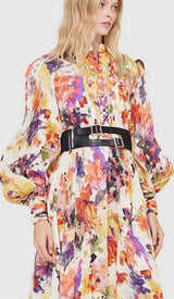 POISE PRINT SILK MIDI DRESS IN MULTI-COLOR DRESS STYLE OF CB 