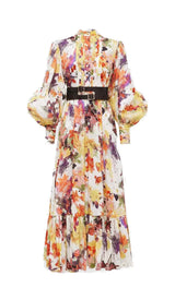 POISE PRINT SILK MIDI DRESS IN MULTI-COLOR DRESS STYLE OF CB 