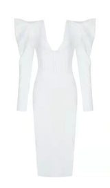 PUFF SLEEVE MESH MIDI DRESS IN WHITE