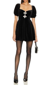 PUFF SLEEVE VELVET MINI DRESS IN BLACK DRESS styleofcb 