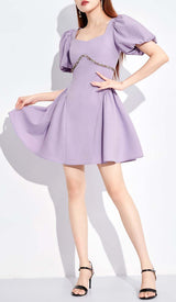PUFF SLEEVES WAIST-TIGHTENING MINI DRESS IN LILAC DRESS styleofcb 