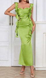 RUCHED SATIN MAXI DRESS IN GREEN DRESS STYLE OF CB 