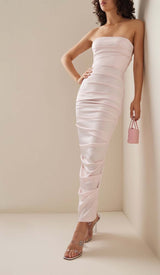 RUCHED OFF-SHOULDER SLIM MIDI DRESS IN PINK DRESS STYLE OF CB 