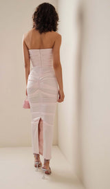 RUCHED OFF-SHOULDER SLIM MIDI DRESS IN PINK DRESS STYLE OF CB 