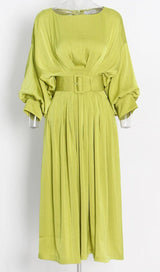 RUCHED SATIN MIDI DRESS IN GTEEN DRESS STYLE OF CB 