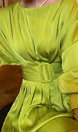 RUCHED SATIN MIDI DRESS IN GTEEN DRESS STYLE OF CB 