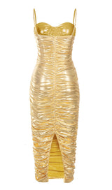 RUCHED STRAPPY MIDI DRESS IN GOLD DRESS STYLE OF CB 