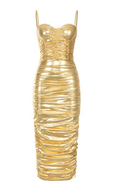 RUCHED STRAPPY MIDI DRESS IN GOLD DRESS STYLE OF CB 