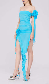 RUFFLE ROSETTE MESH MIDI DRESS IN BLUE styleofcb 