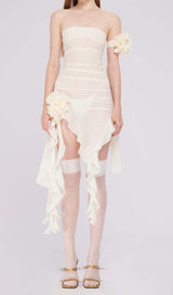 RUFFLE ROSETTE MESH MIDI DRESS IN WHITE styleofcb 