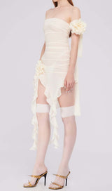 RUFFLE ROSETTE MESH MIDI DRESS IN WHITE styleofcb 