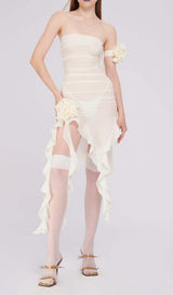RUFFLE ROSETTE MESH MIDI DRESS IN WHITE styleofcb 