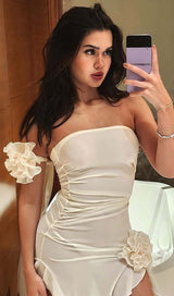 RUFFLE ROSETTE MESH MIDI DRESS IN WHITE styleofcb 