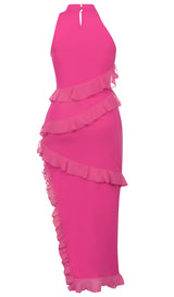 RUFFLE SPLIT MIDI DRESS IN STRONG MAGENTA DRESS styleofcb 