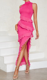 RUFFLE SPLIT MIDI DRESS IN STRONG MAGENTA DRESS styleofcb 