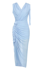 RUFFLE V-NECK MIDI DRESS IN TRANQUIL OCEAN Dresses styleofcb 