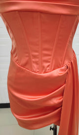 SATIN RUCHED MINI DRESS IN ORANGE Dresses styleofcb 