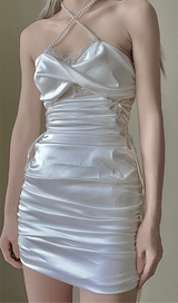 SATIN RUCHED MINI DRESS IN PINK styleofcb 