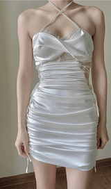 SATIN RUCHED MINI DRESS IN PINK styleofcb 